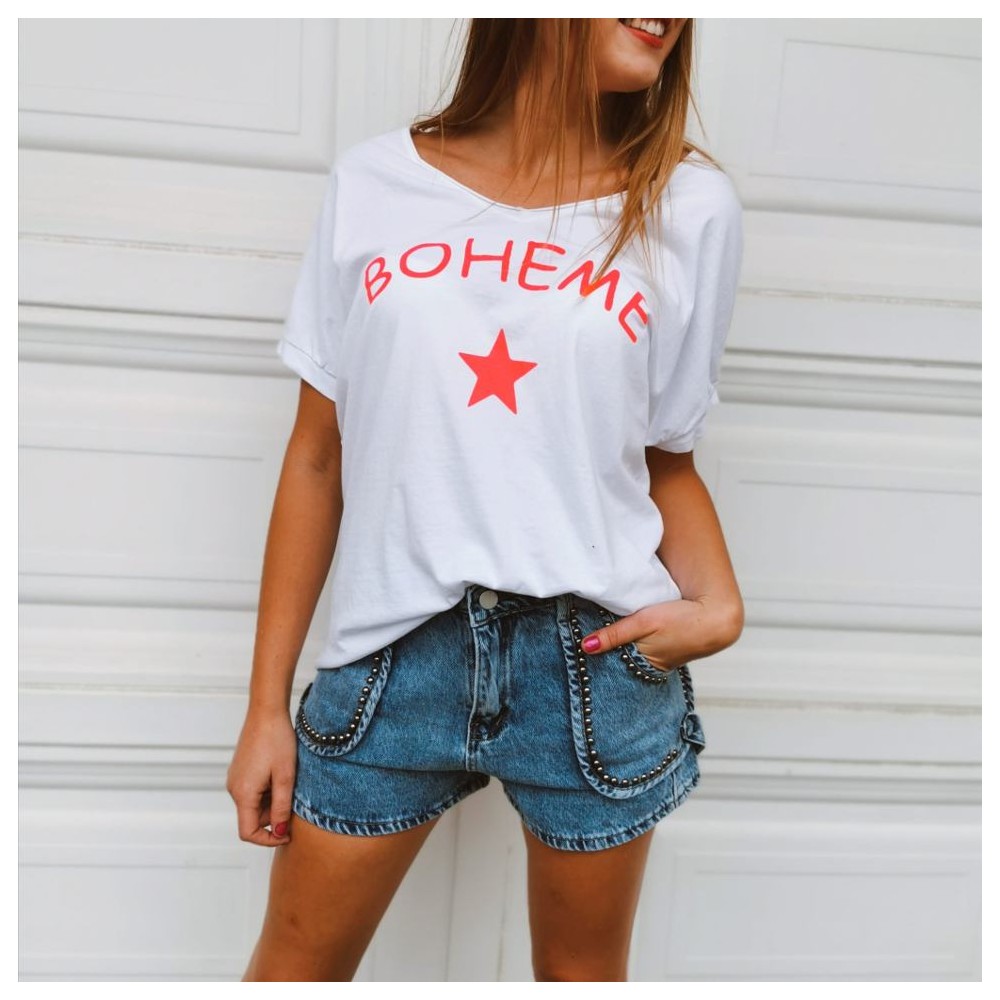 Camiseta BOHEME Blanco/Rosa Flúor Heve Camiseta BOHEME Blanco/Rosa Flúor Heve
