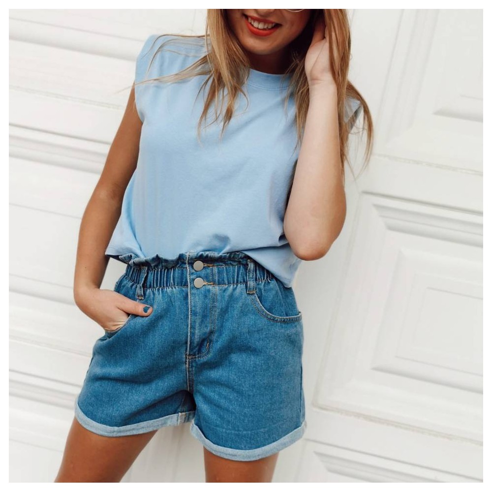 Camiseta Cropped Hombreras Celeste Heve Camiseta Cropped Hombreras Celeste Heve