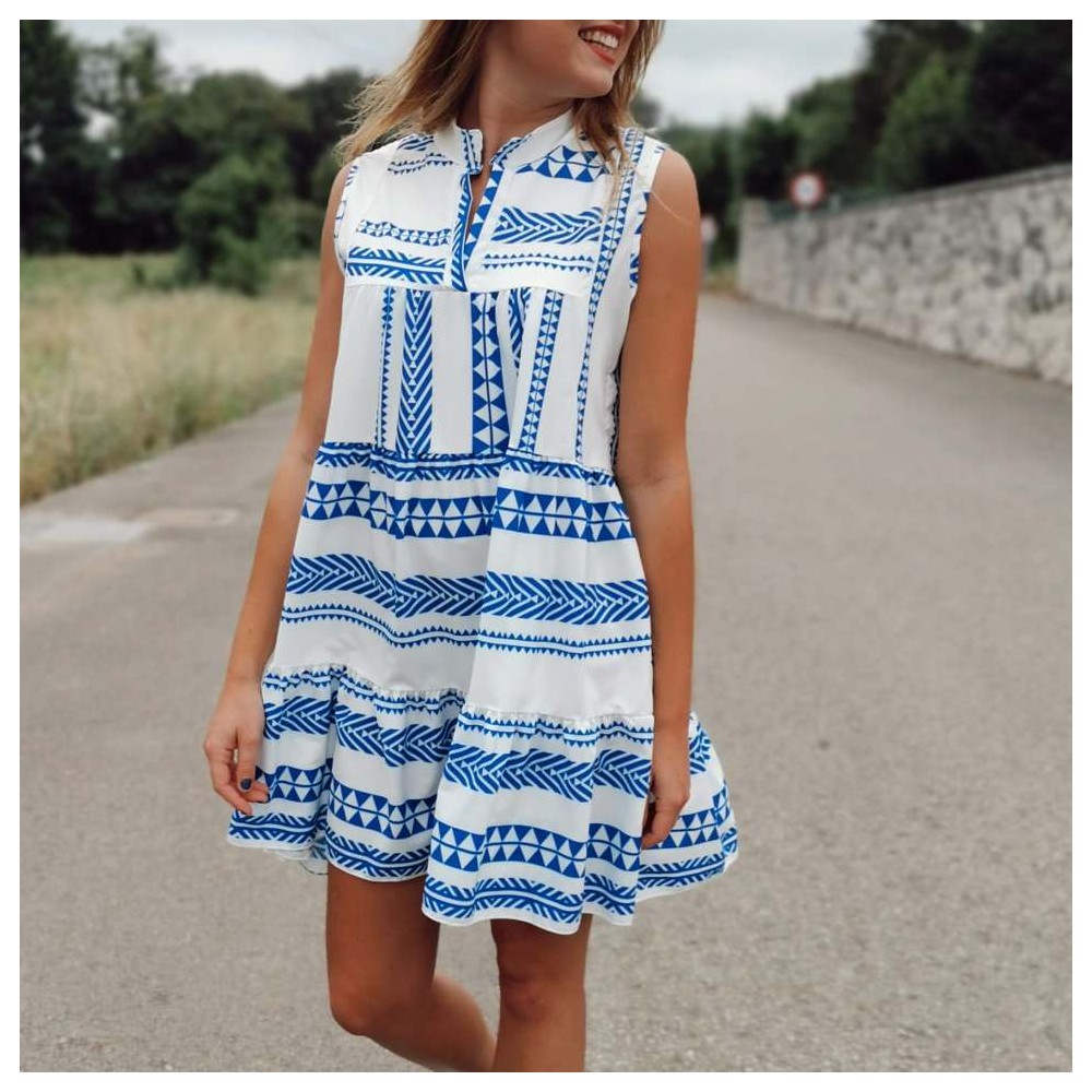 Vestido Étnico SHADA Blanco/Azul Heve Vestido Étnico SHADA Blanco/Azul Heve
