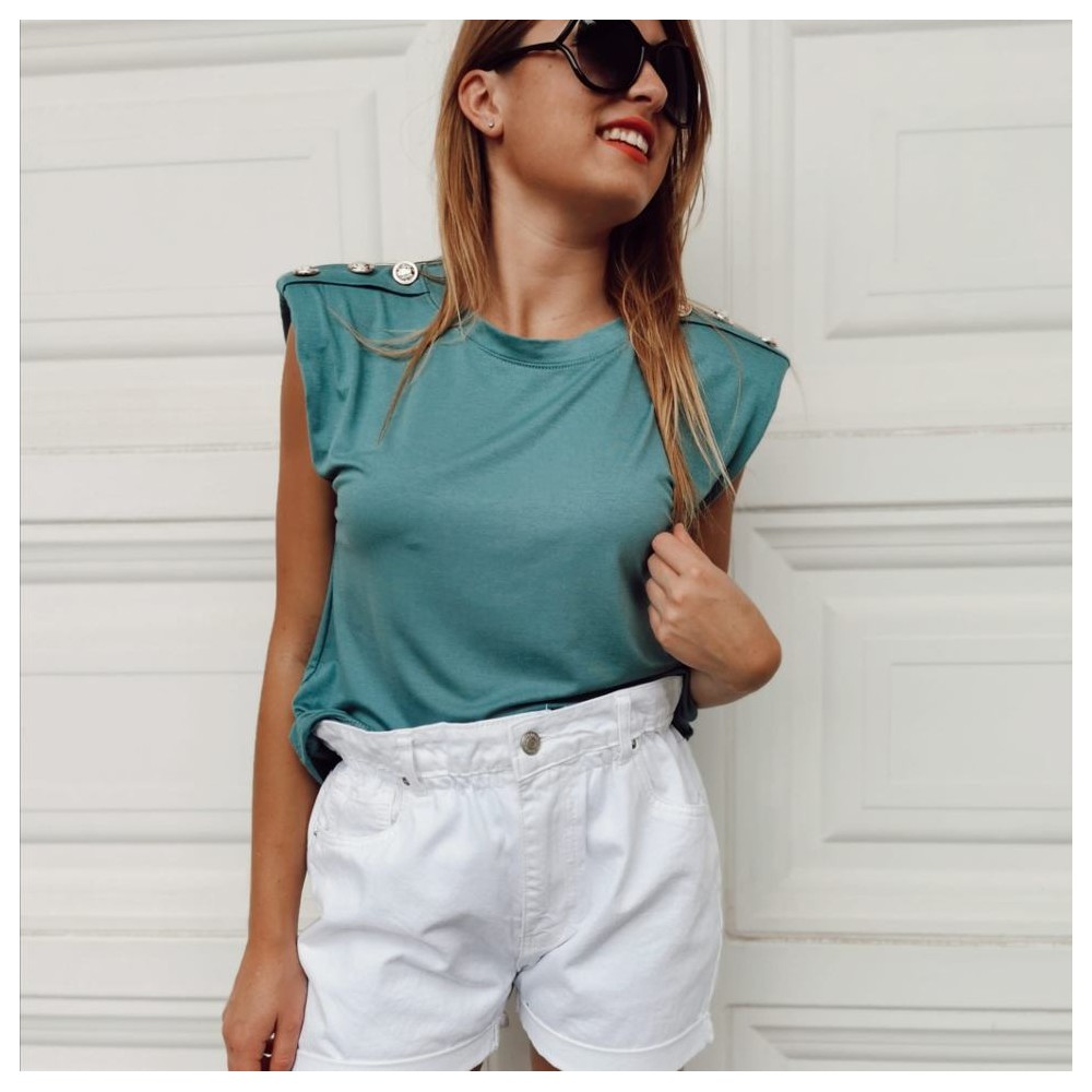 Camiseta Hombreras Botones Aguamarina Heve Camiseta Hombreras Botones Aguamarina Heve