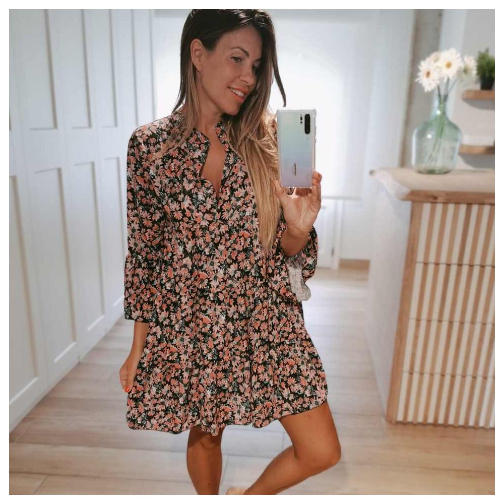 Vestido Estampado JOCELYN Negro/Rosa Heve Vestido Estampado JOCELYN Negro/Rosa Heve